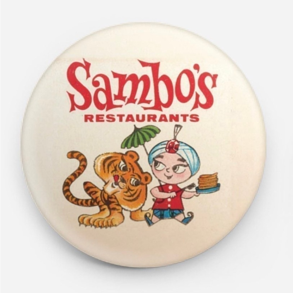 SAMBOS RESTURANT VINTAGE PIN BACK BADGE FREE HAND OUT !!!